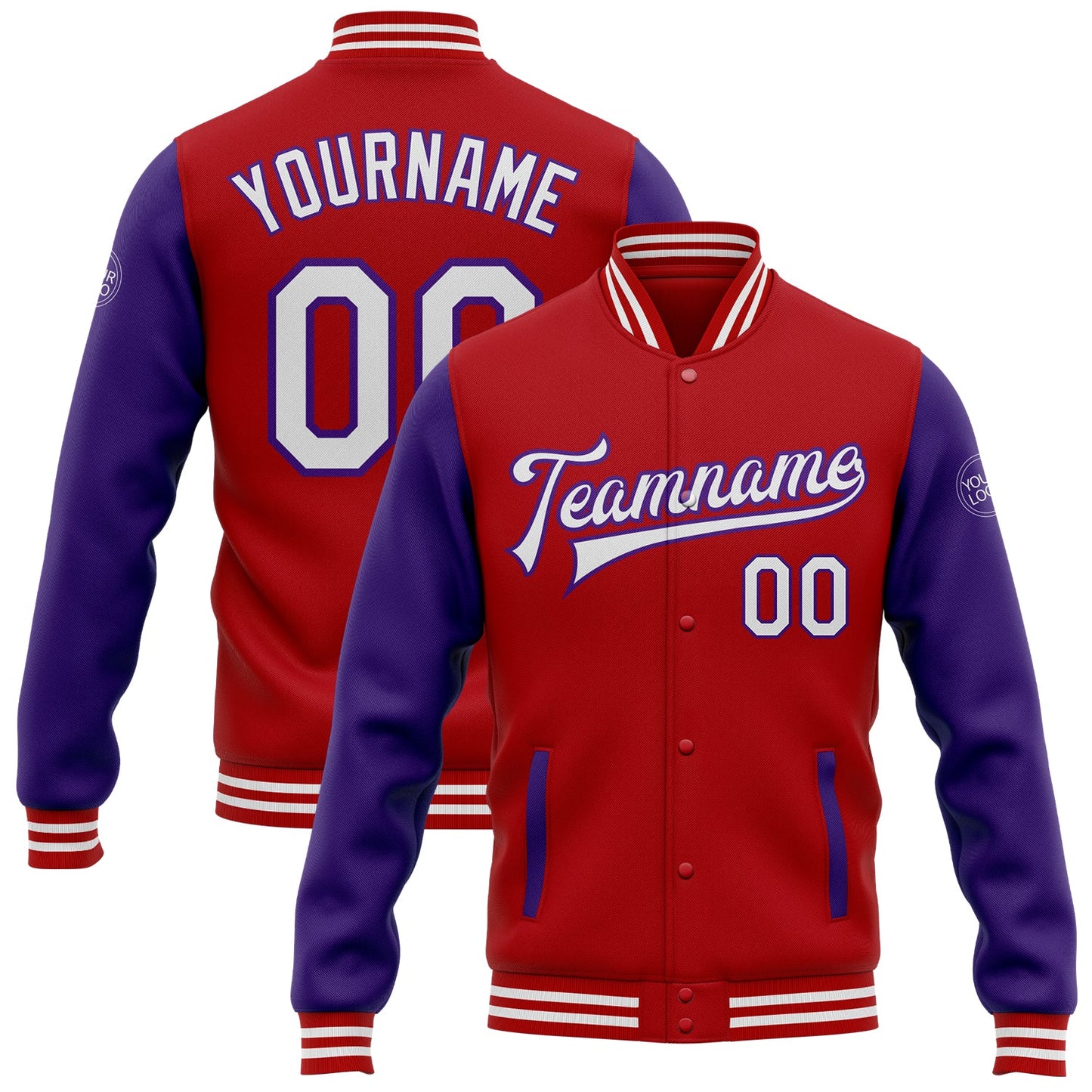 Custom Red White-Purple Bomber Full-Snap Varsity Letterman Two Tone Jacket - Main View