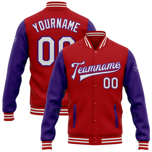Custom Red White-Purple Bomber Full-Snap Varsity Letterman Two Tone Jacket - Main View