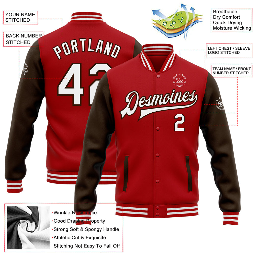 Custom Red White-Brown Bomber Full-Snap Varsity Letterman Two Tone Jacket view 5