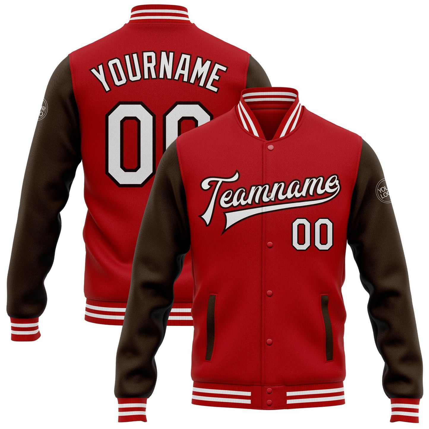 Custom Red White-Brown Bomber Full-Snap Varsity Letterman Two Tone Jacket - Main View