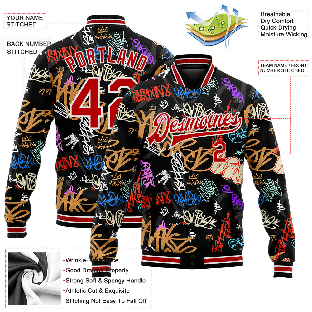 Custom Graffiti Pattern Red-White Hiphop Urban Street Art 3D Bomber Full-Snap Varsity Letterman Jacket view 5