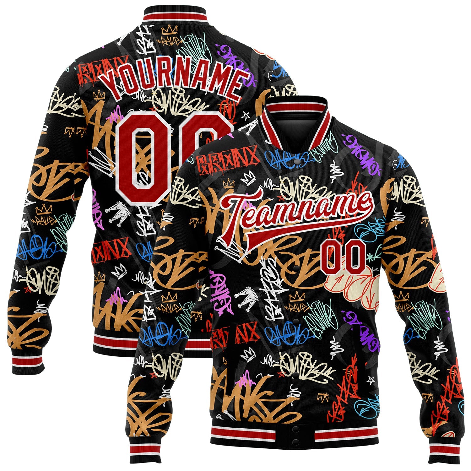 Custom Graffiti Pattern Red-White Hiphop Urban Street Art 3D Bomber Full-Snap Varsity Letterman Jacket - Main View
