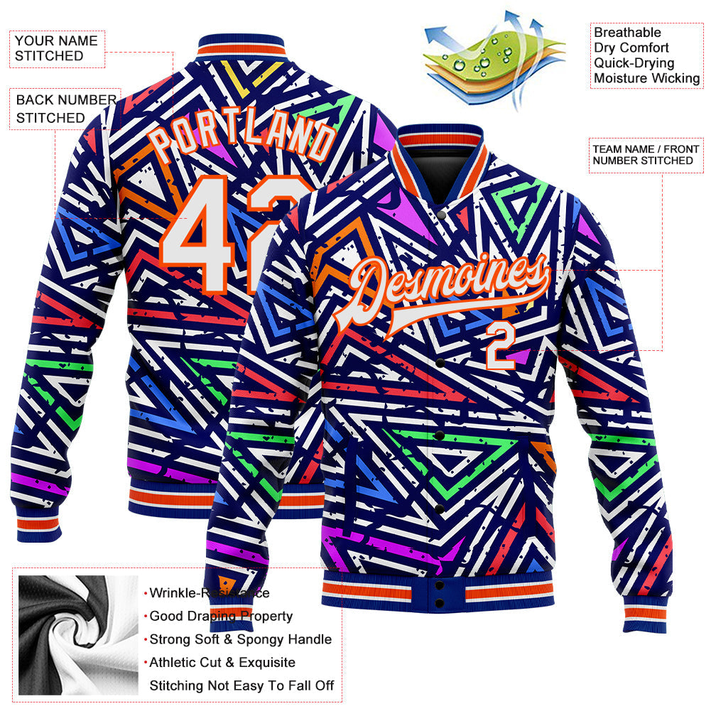 Custom Graffiti Pattern White-Orange Abstract Geometric Grunge Urban Street Art 3D Bomber Full-Snap Varsity Letterman Jacket view 5