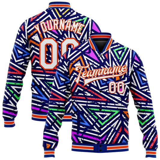 Custom Graffiti Pattern White-Orange Abstract Geometric Grunge Urban Street Art 3D Bomber Full-Snap Varsity Letterman Jacket - Main View