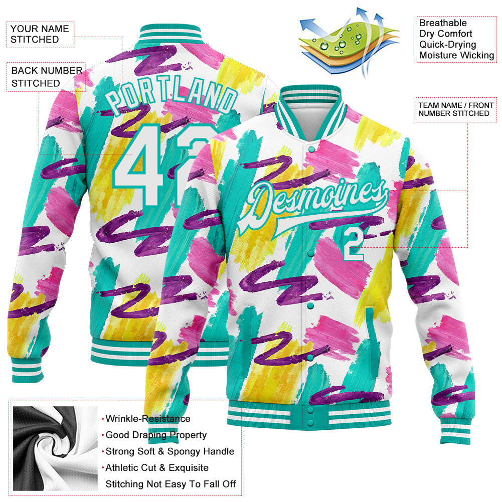 Custom Graffiti Pattern White-Aqua Abstract Watercolor 3D Bomber Full-Snap Varsity Letterman Jacket view 5