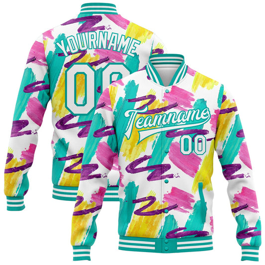 Custom Graffiti Pattern White-Aqua Abstract Watercolor 3D Bomber Full-Snap Varsity Letterman Jacket - Main View