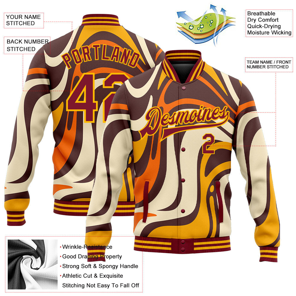 Custom Graffiti Pattern Crimson-Gold Groovy Psychedelic 3D Bomber Full-Snap Varsity Letterman Jacket view 5