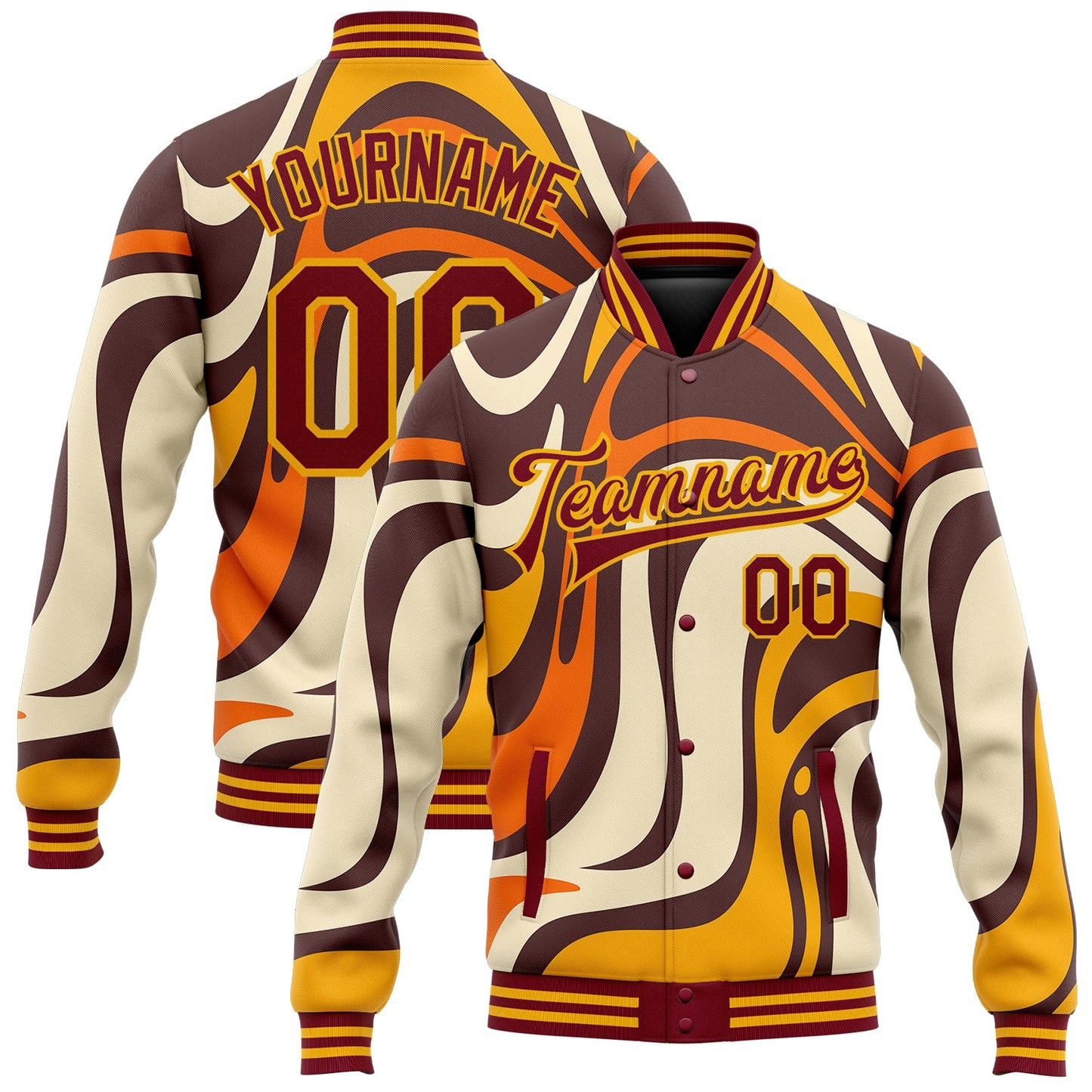 Custom Graffiti Pattern Crimson-Gold Groovy Psychedelic 3D Bomber Full-Snap Varsity Letterman Jacket - Main View