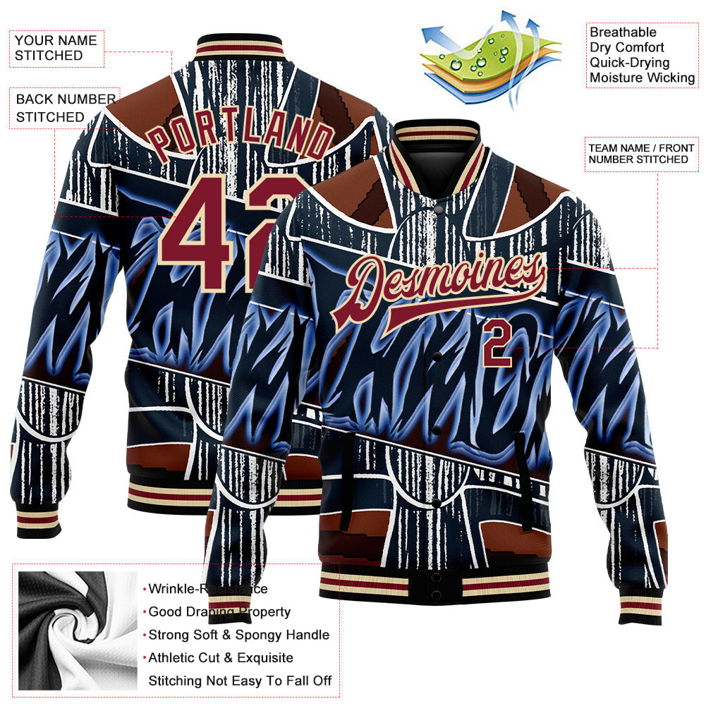 Custom Graffiti Pattern Crimson-City Cream Chrome Heart 3D Bomber Full-Snap Varsity Letterman Jacket view 5