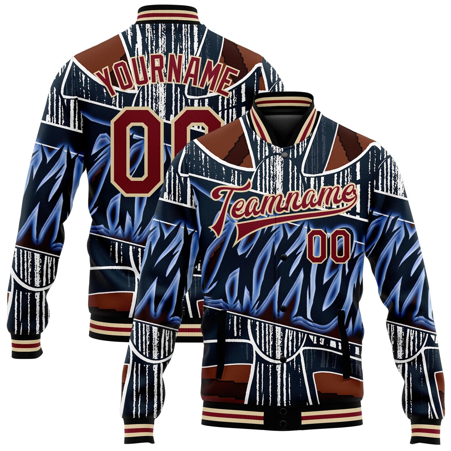 Custom Graffiti Pattern Crimson-City Cream Chrome Heart 3D Bomber Full-Snap Varsity Letterman Jacket - Main View