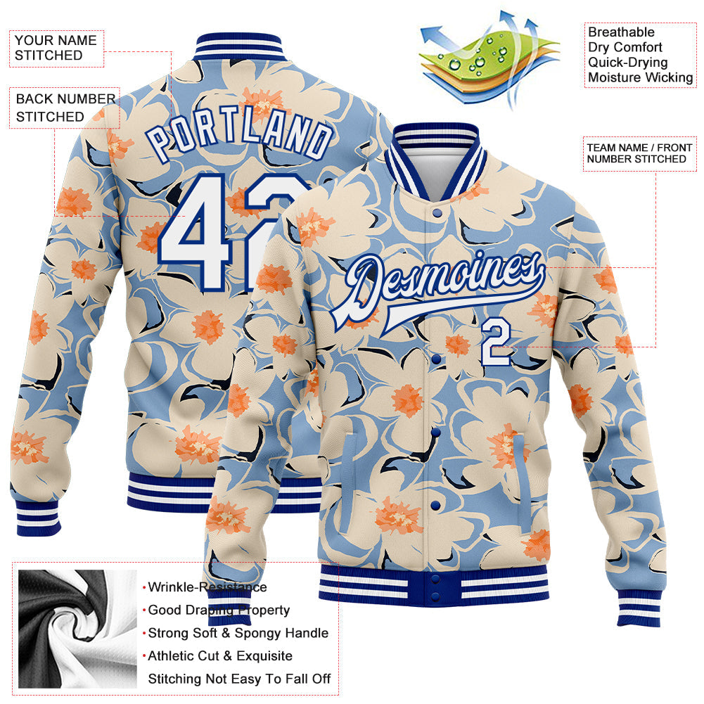 Custom Graffiti Pattern White-Royal Flower Pastoral Style 3D Bomber Full-Snap Varsity Letterman Jacket view 5