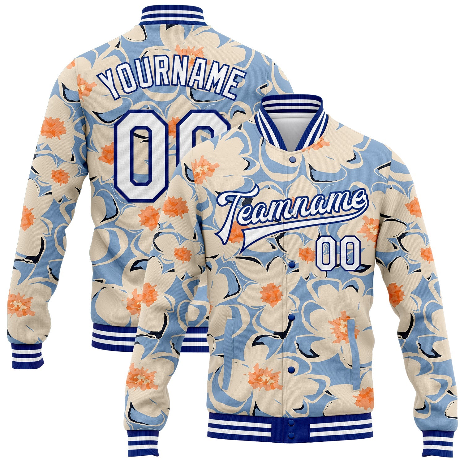 Custom Graffiti Pattern White-Royal Flower Pastoral Style 3D Bomber Full-Snap Varsity Letterman Jacket - Main View
