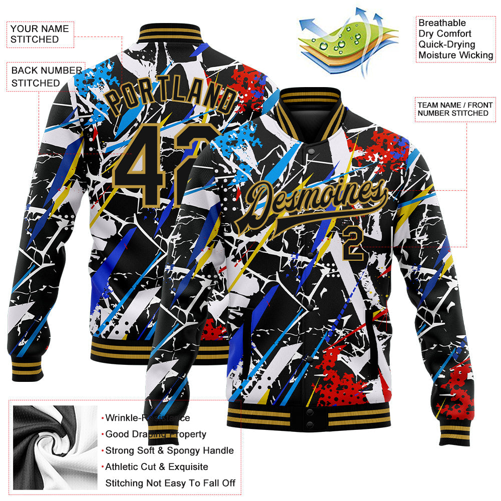 Custom Graffiti Pattern Black-Old Gold Grunge Art 3D Bomber Full-Snap Varsity Letterman Jacket view 5