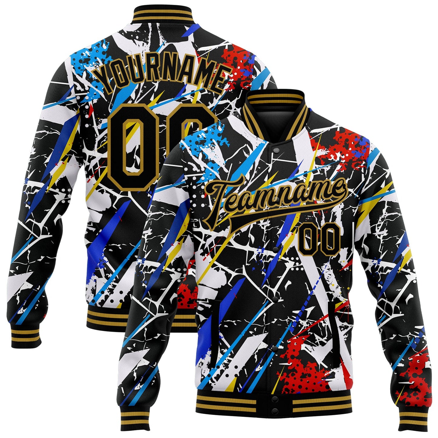 Custom Graffiti Pattern Black-Old Gold Grunge Art 3D Bomber Full-Snap Varsity Letterman Jacket - Main View