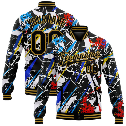 Custom Graffiti Pattern Black-Old Gold Grunge Art 3D Bomber Full-Snap Varsity Letterman Jacket - Main View