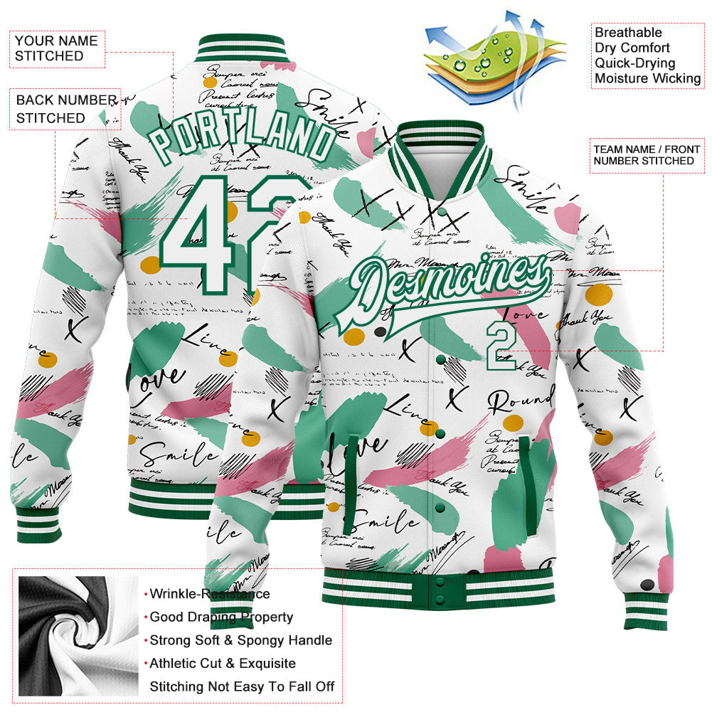 Custom Graffiti Pattern White-Kelly Green Grunge Art 3D Bomber Full-Snap Varsity Letterman Jacket view 5