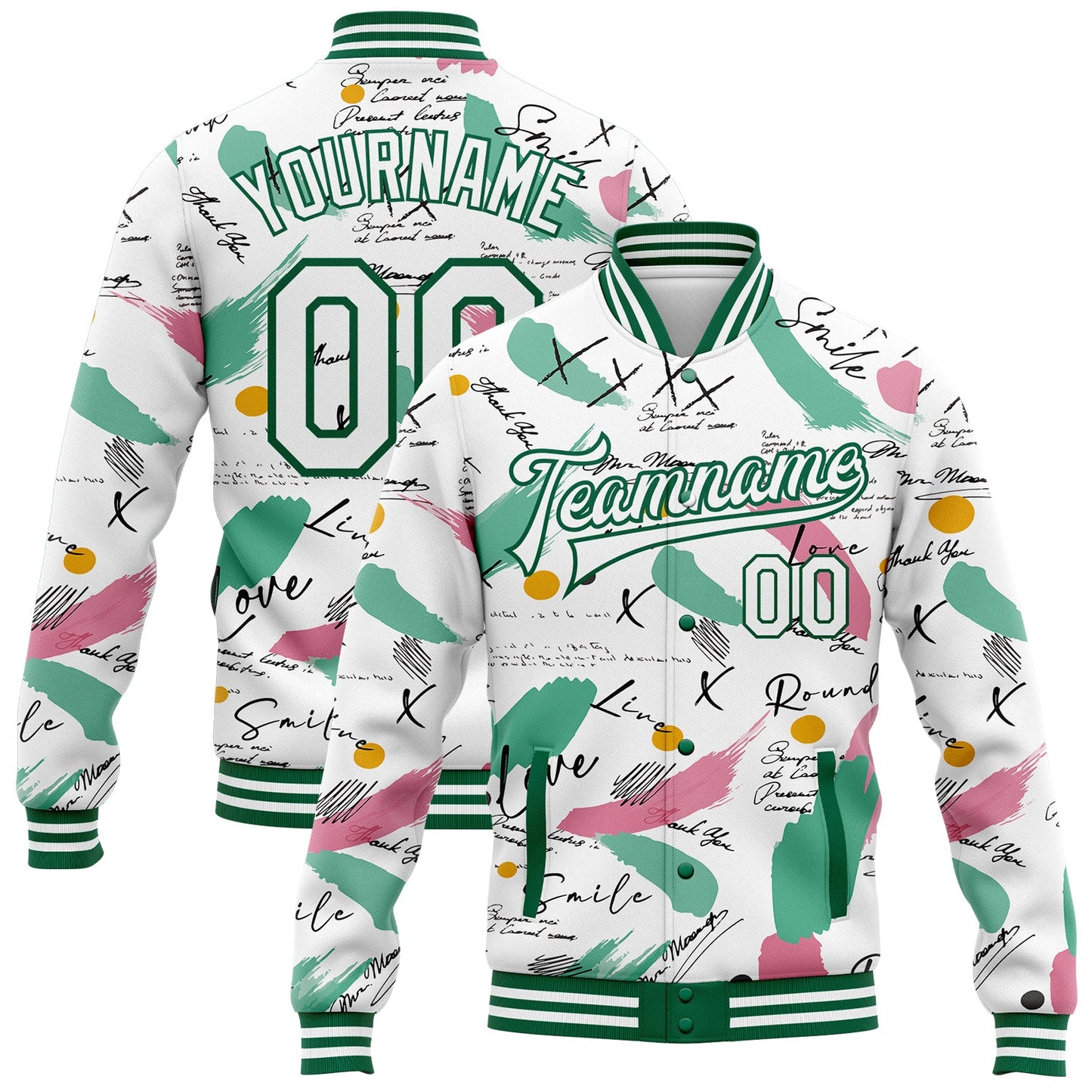 Custom Graffiti Pattern White-Kelly Green Grunge Art 3D Bomber Full-Snap Varsity Letterman Jacket - Main View