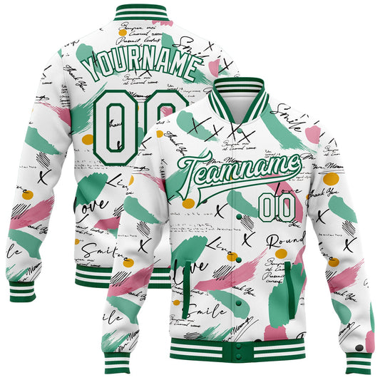 Custom Graffiti Pattern White-Kelly Green Grunge Art 3D Bomber Full-Snap Varsity Letterman Jacket - Main View