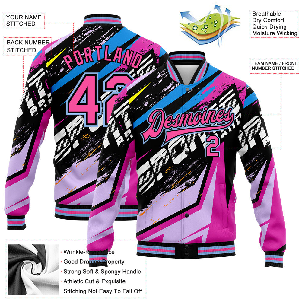 Custom Graffiti Pattern Pink Black-Light Blue Sports 3D Bomber Full-Snap Varsity Letterman Jacket view 5