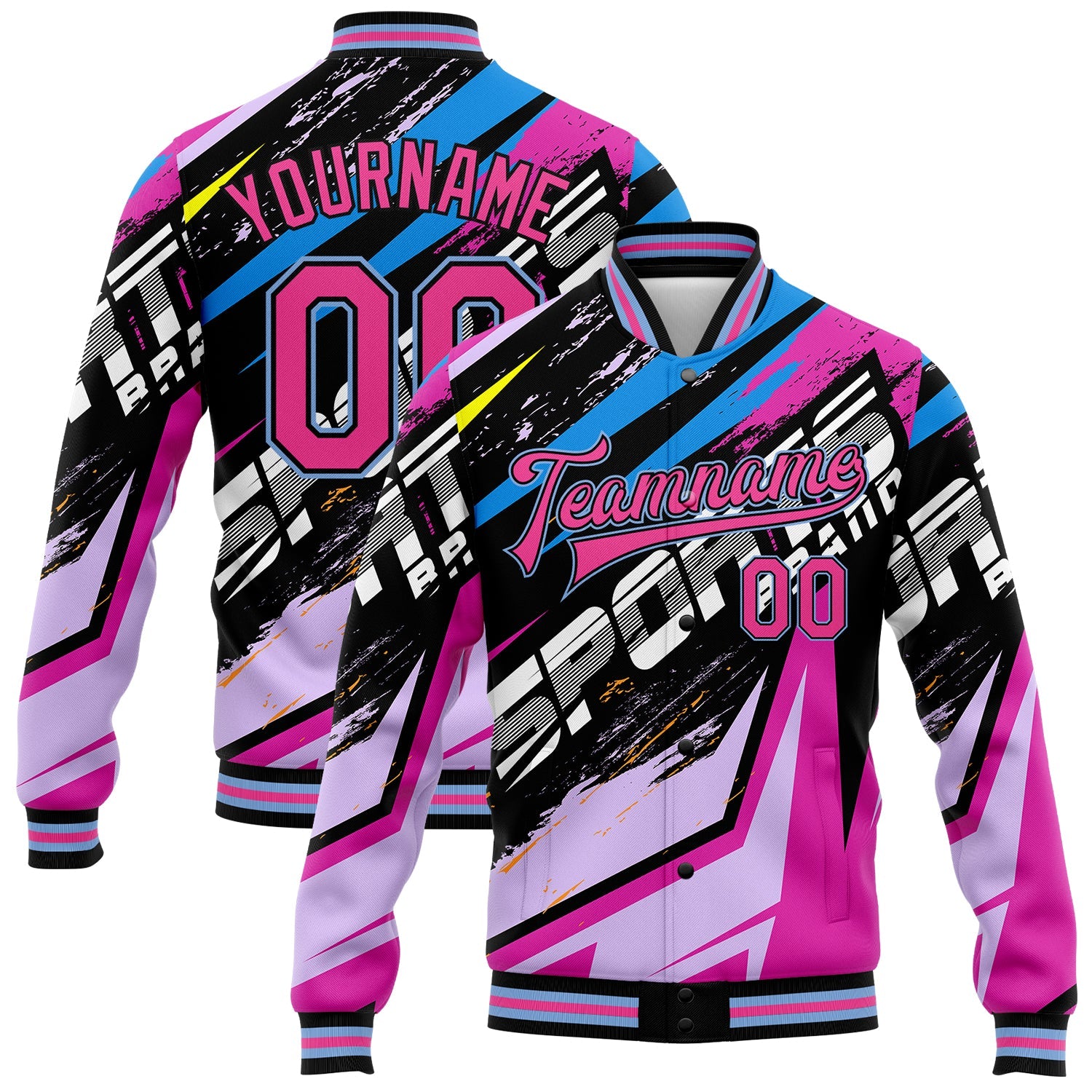 Custom Graffiti Pattern Pink Black-Light Blue Sports 3D Bomber Full-Snap Varsity Letterman Jacket - Main View