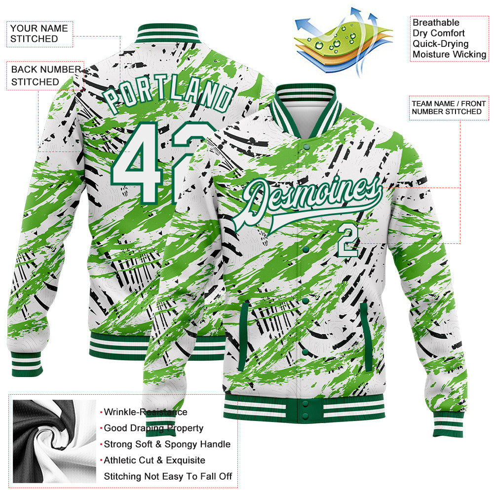 Custom Graffiti Pattern White-Kelly Green Grunge Art 3D Bomber Full-Snap Varsity Letterman Jacket view 5