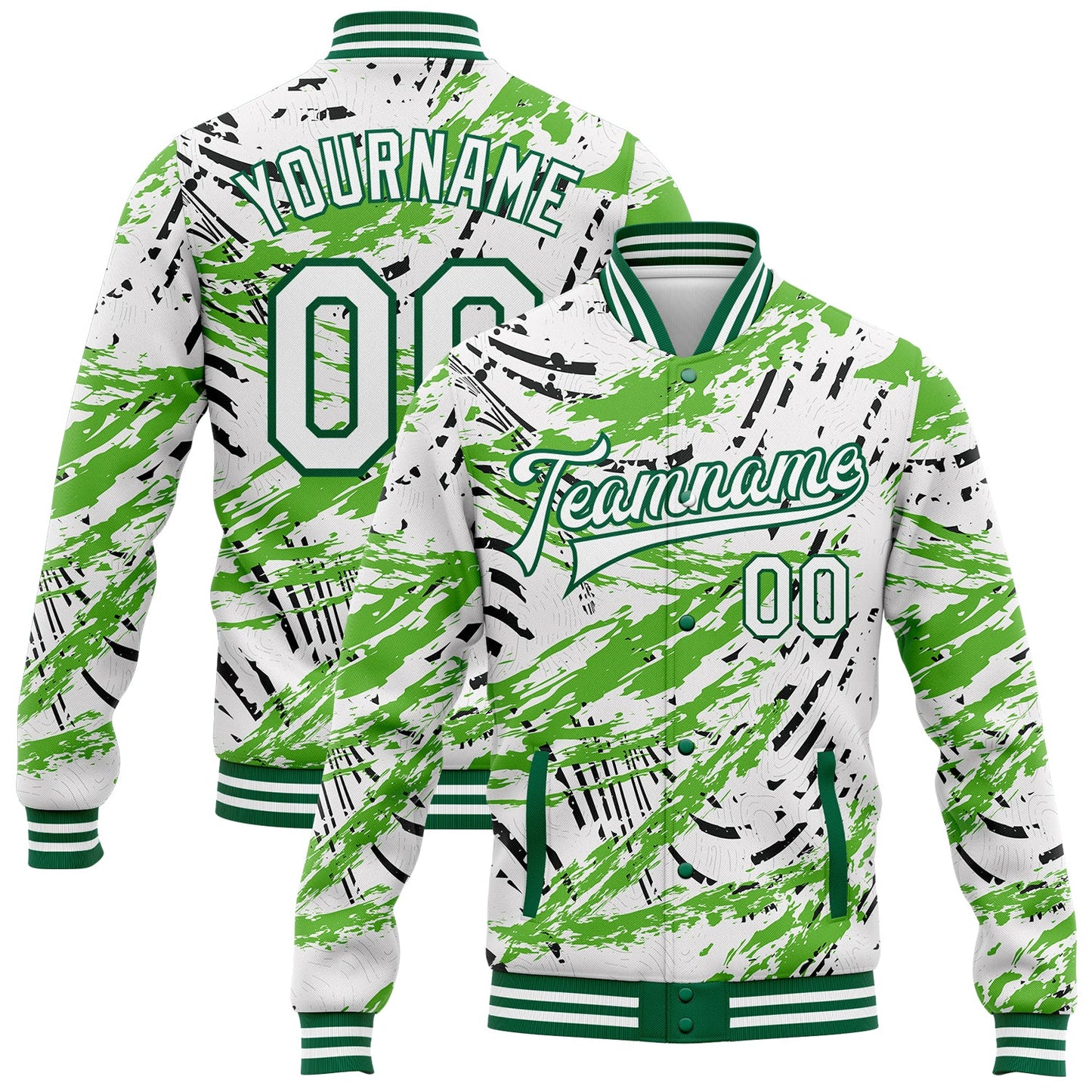 Custom Graffiti Pattern White-Kelly Green Grunge Art 3D Bomber Full-Snap Varsity Letterman Jacket - Main View