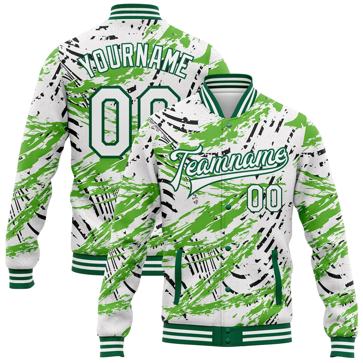 Custom Graffiti Pattern White-Kelly Green Grunge Art 3D Bomber Full-Snap Varsity Letterman Jacket - Main View