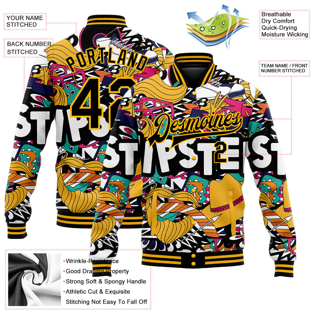 Custom Graffiti Pattern Black-Gold Hipster Lifestyle 3D Bomber Full-Snap Varsity Letterman Jacket view 5