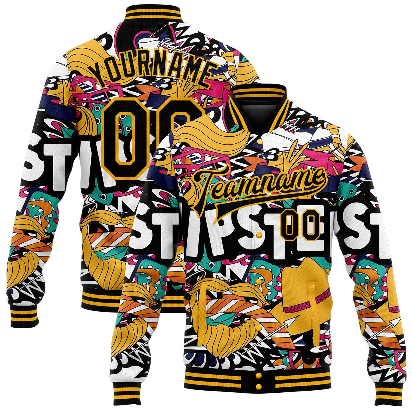 Custom Graffiti Pattern Black-Gold Hipster Lifestyle 3D Bomber Full-Snap Varsity Letterman Jacket - Main View