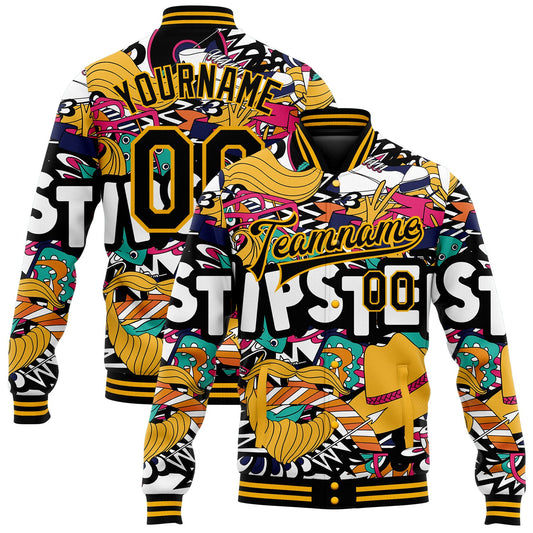 Custom Graffiti Pattern Black-Gold Hipster Lifestyle 3D Bomber Full-Snap Varsity Letterman Jacket - Main View