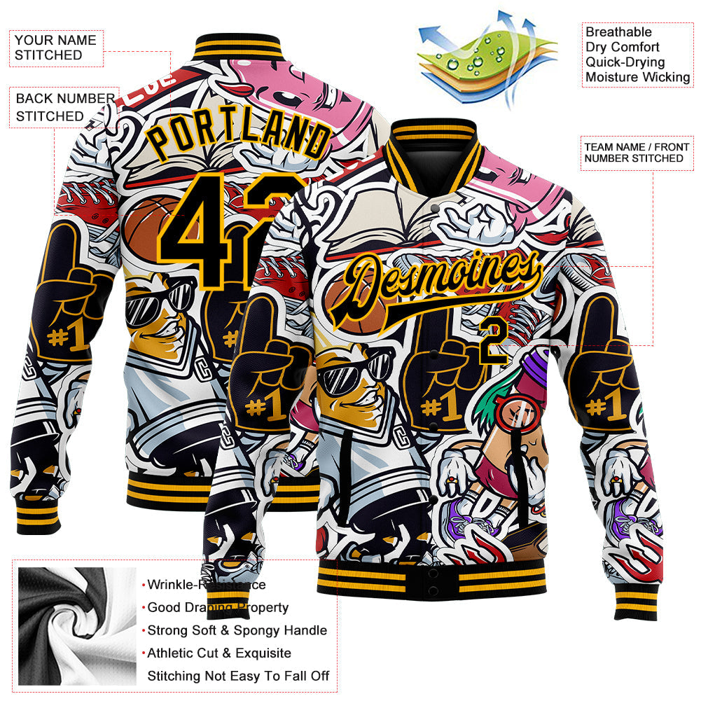 Custom Graffiti Pattern Black-Gold Vintage College Colorful Art 3D Bomber Full-Snap Varsity Letterman Jacket view 5