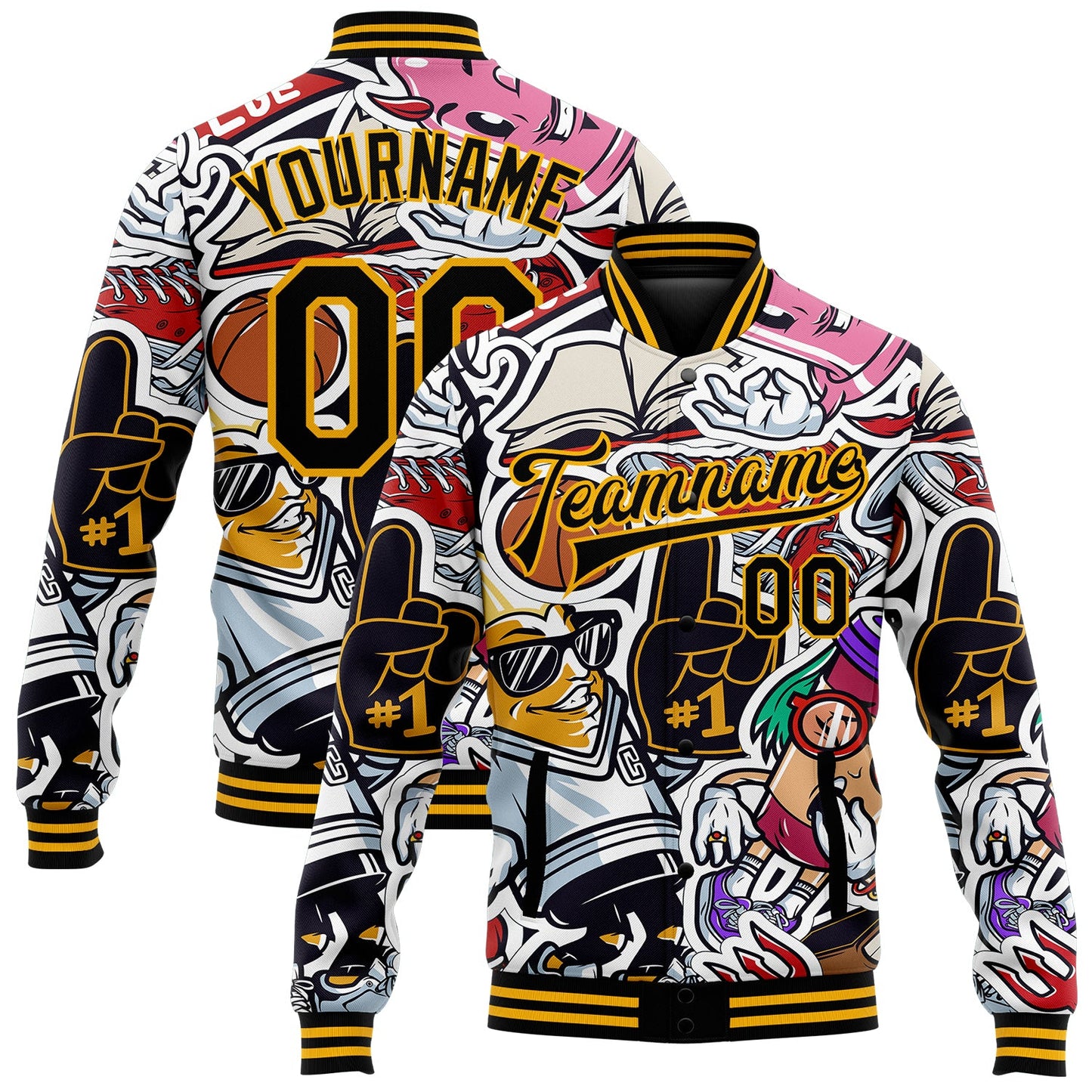 Custom Graffiti Pattern Black-Gold Vintage College Colorful Art 3D Bomber Full-Snap Varsity Letterman Jacket - Main View
