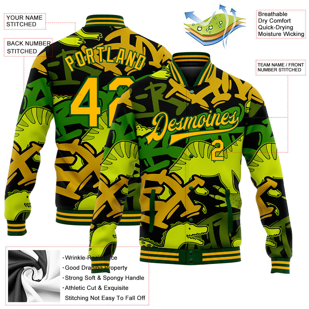 Custom Graffiti Pattern Gold-Green Grunge Art With Dinosaur And Words 3D Bomber Full-Snap Varsity Letterman Jacket view 5