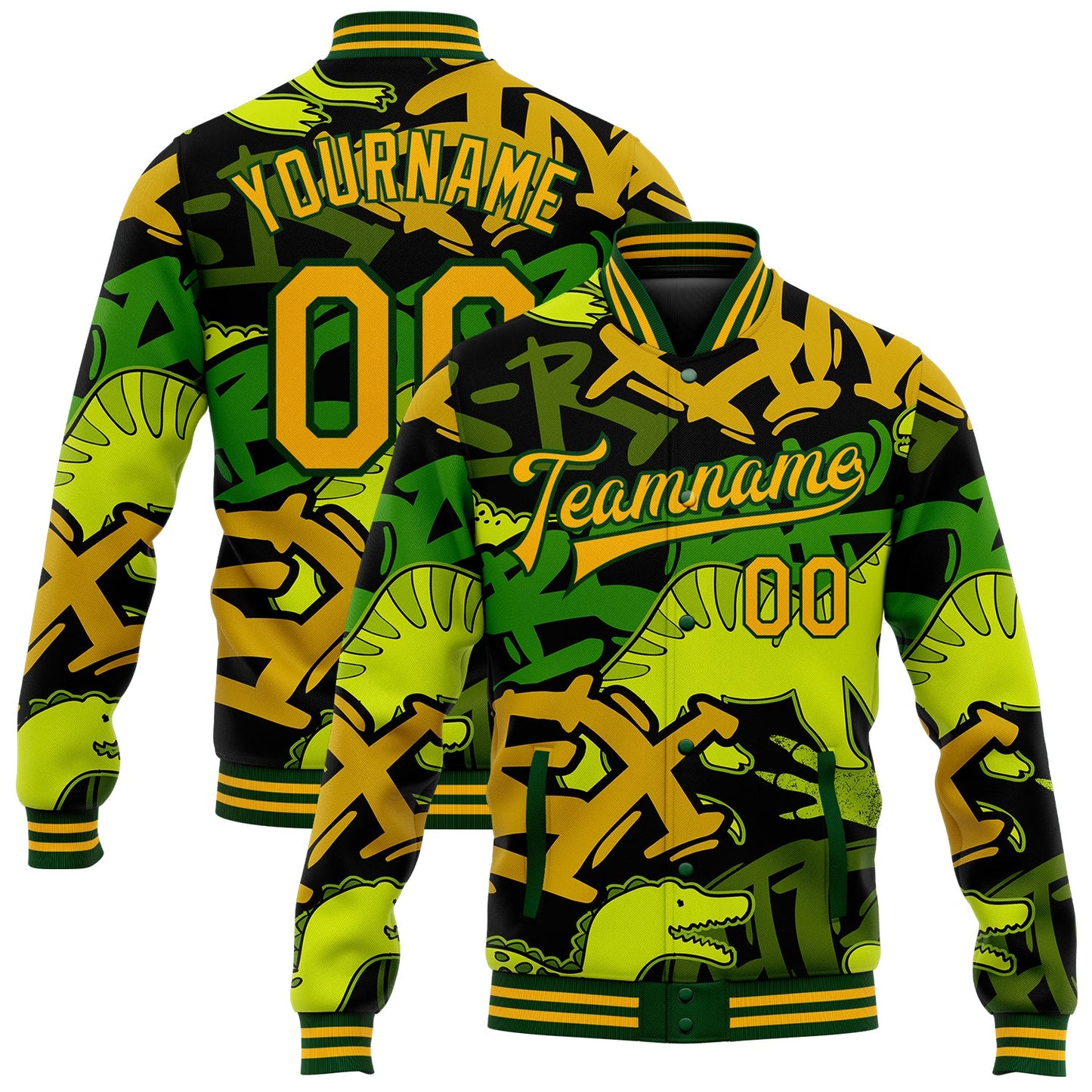 Custom Graffiti Pattern Gold-Green Grunge Art With Dinosaur And Words 3D Bomber Full-Snap Varsity Letterman Jacket - Main View
