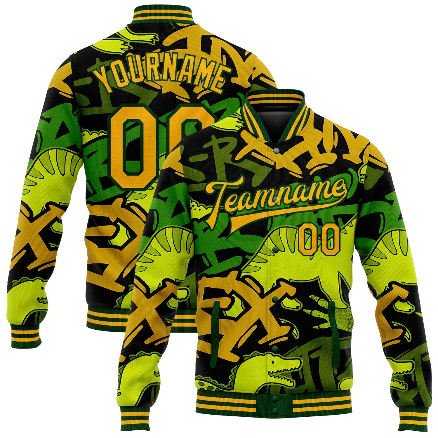 Custom Graffiti Pattern Gold-Green Grunge Art With Dinosaur And Words 3D Bomber Full-Snap Varsity Letterman Jacket - Main View
