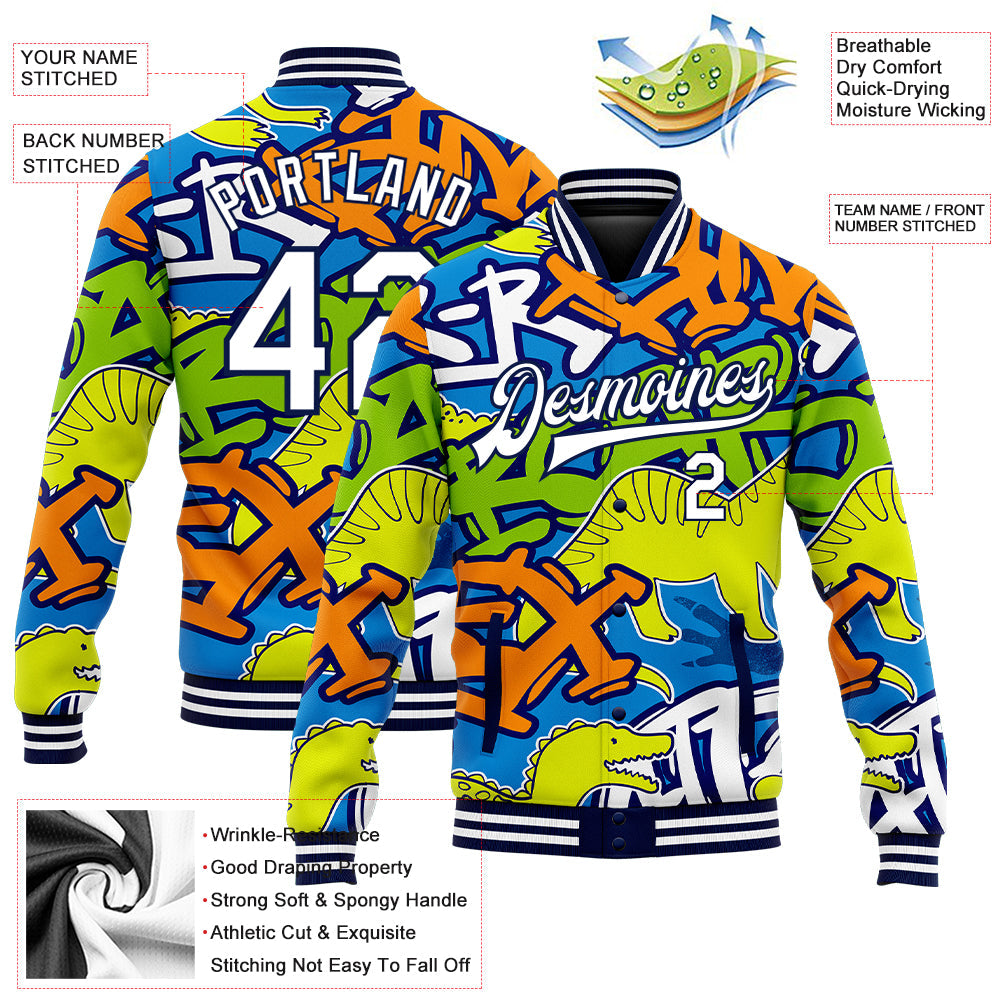 Custom Graffiti Pattern White-Navy Grunge Art With Dinosaur And Words 3D Bomber Full-Snap Varsity Letterman Jacket view 5