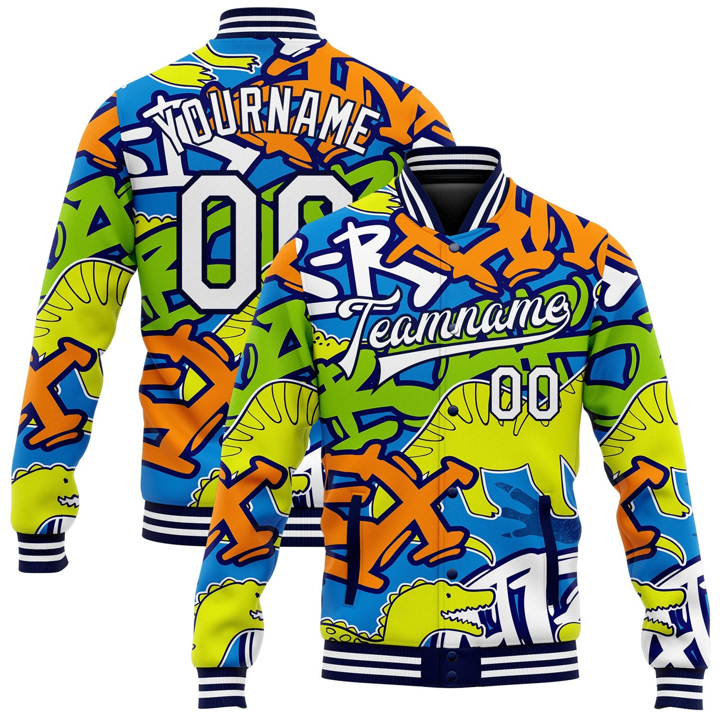 Custom Graffiti Pattern White-Navy Grunge Art With Dinosaur And Words 3D Bomber Full-Snap Varsity Letterman Jacket - Main View