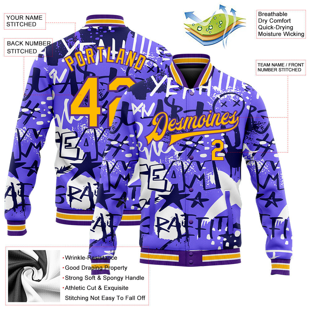 Custom Graffiti Pattern Gold-Purple Grunge Street Art 3D Bomber Full-Snap Varsity Letterman Jacket view 5