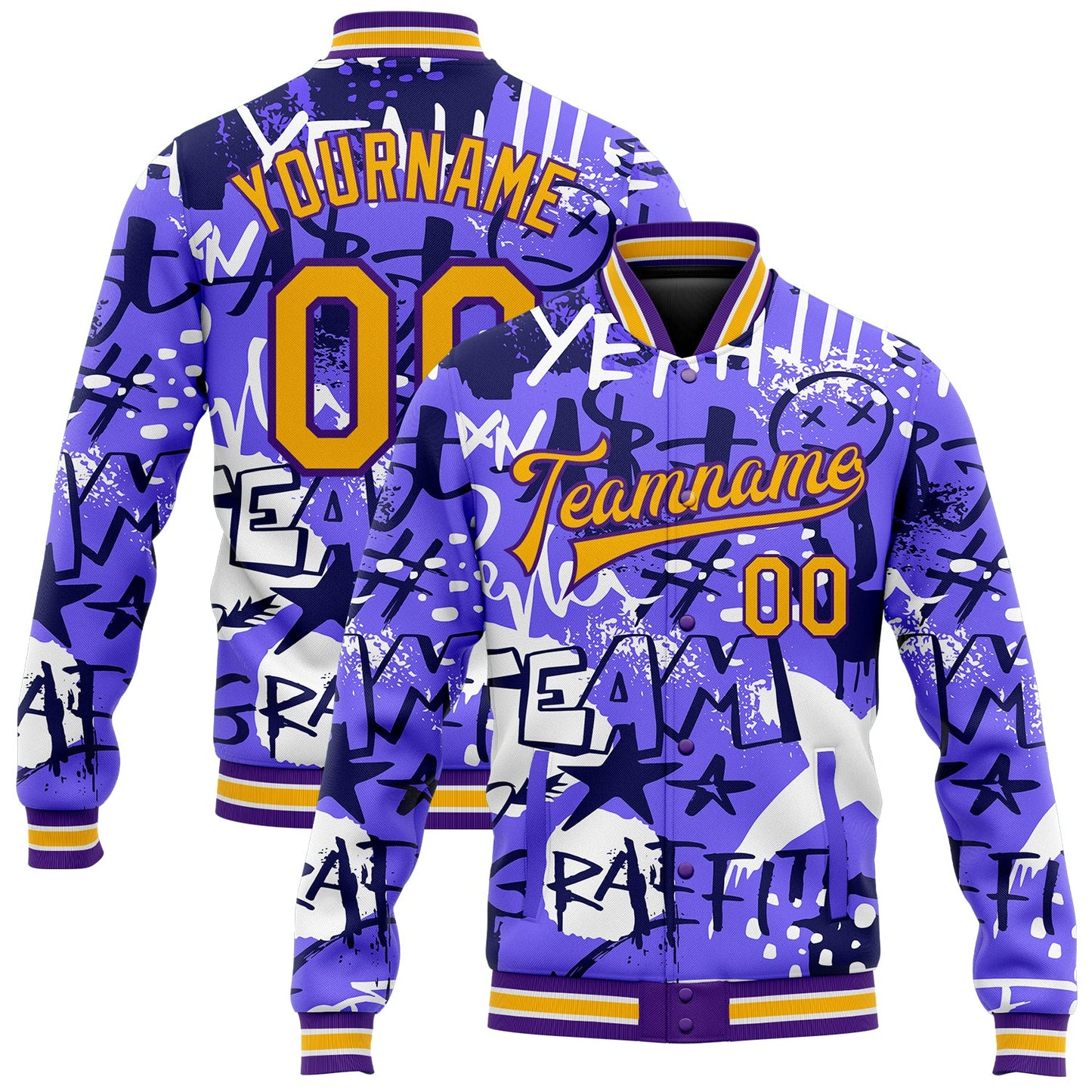 Custom Graffiti Pattern Gold-Purple Grunge Street Art 3D Bomber Full-Snap Varsity Letterman Jacket - Main View
