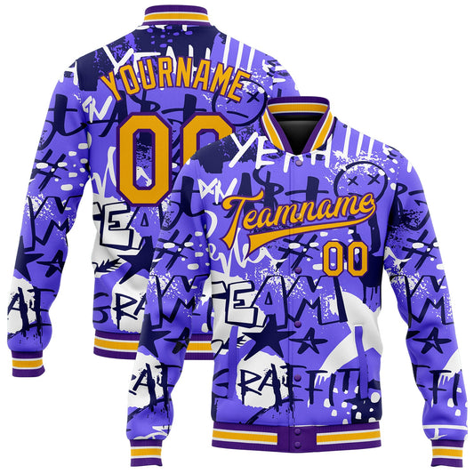 Custom Graffiti Pattern Gold-Purple Grunge Street Art 3D Bomber Full-Snap Varsity Letterman Jacket - Main View
