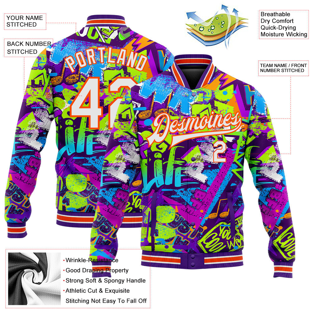 Custom Graffiti Pattern Orange-White Grunge Street Art 3D Bomber Full-Snap Varsity Letterman Jacket view 5
