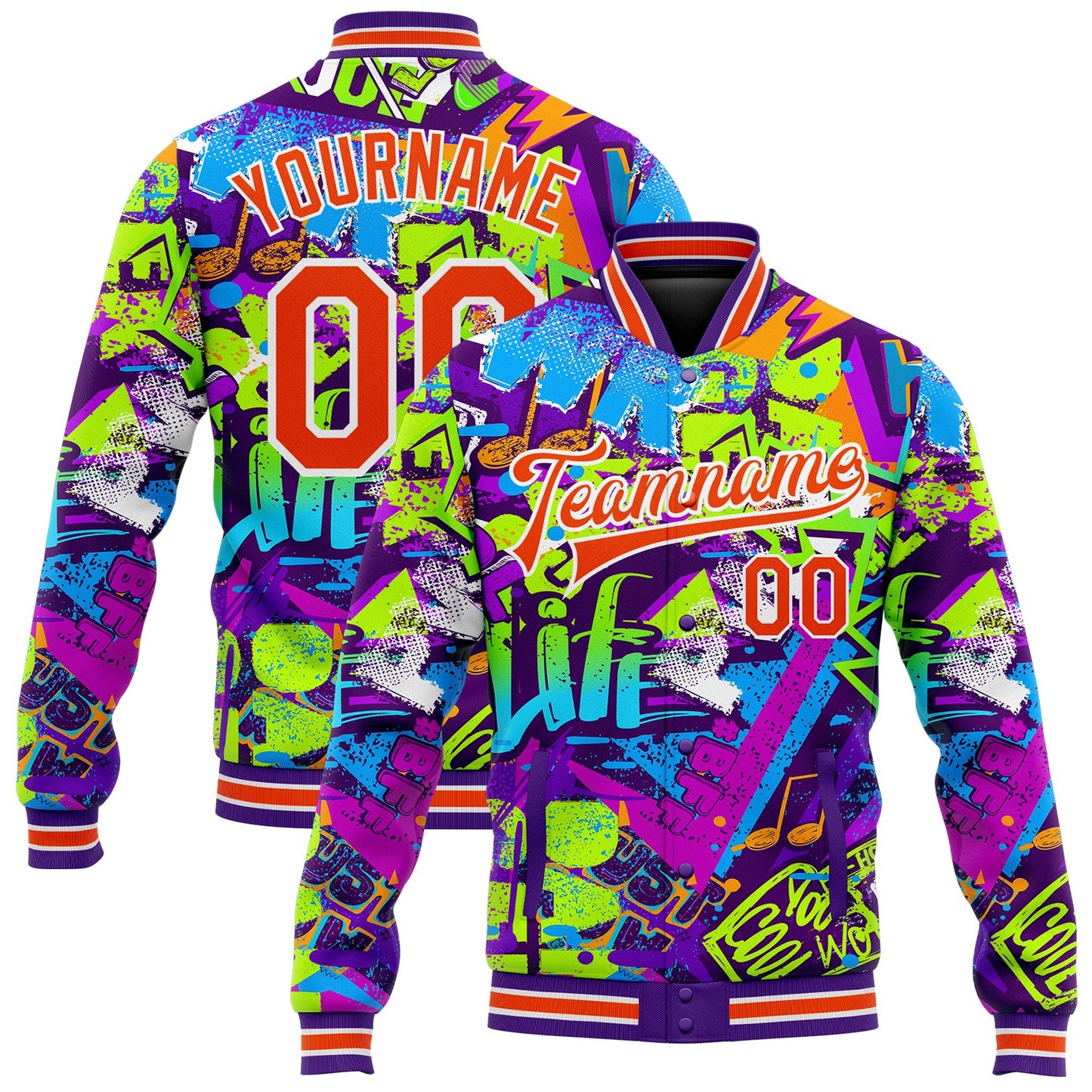 Custom Graffiti Pattern Orange-White Grunge Street Art 3D Bomber Full-Snap Varsity Letterman Jacket - Main View