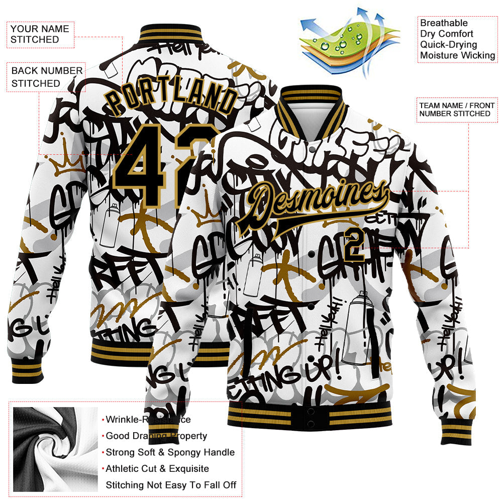 Custom Graffiti Pattern Black-Old Gold Grunge Urban Street Art 3D Bomber Full-Snap Varsity Letterman Jacket view 5