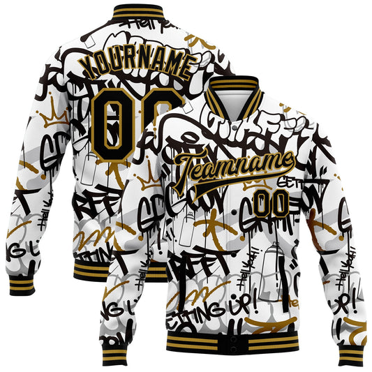 Custom Graffiti Pattern Black-Old Gold Grunge Urban Street Art 3D Bomber Full-Snap Varsity Letterman Jacket - Main View
