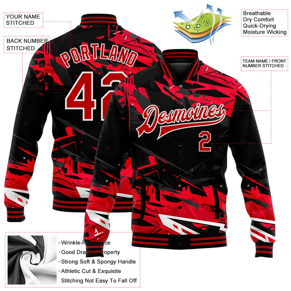 Custom Graffiti Pattern Red-White Dark Black Abstract Urban Street Art 3D Bomber Full-Snap Varsity Letterman Jacket view 5