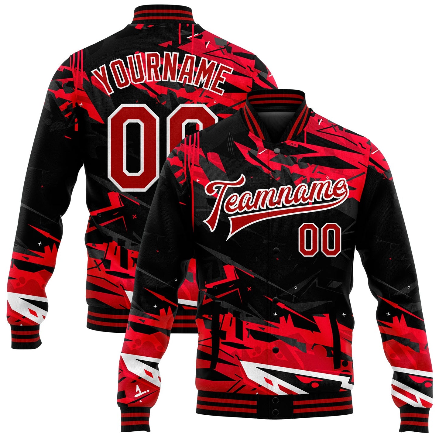 Custom Graffiti Pattern Red-White Dark Black Abstract Urban Street Art 3D Bomber Full-Snap Varsity Letterman Jacket - Main View