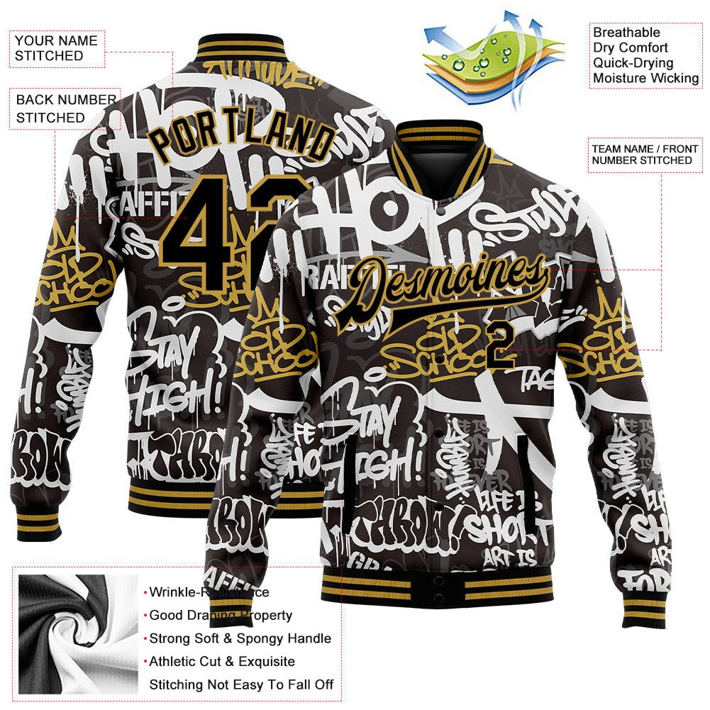 Custom Graffiti Pattern Black-Old Gold Grunge Urban Street And Old School Art 3D Bomber Full-Snap Varsity Letterman Jacket view 5