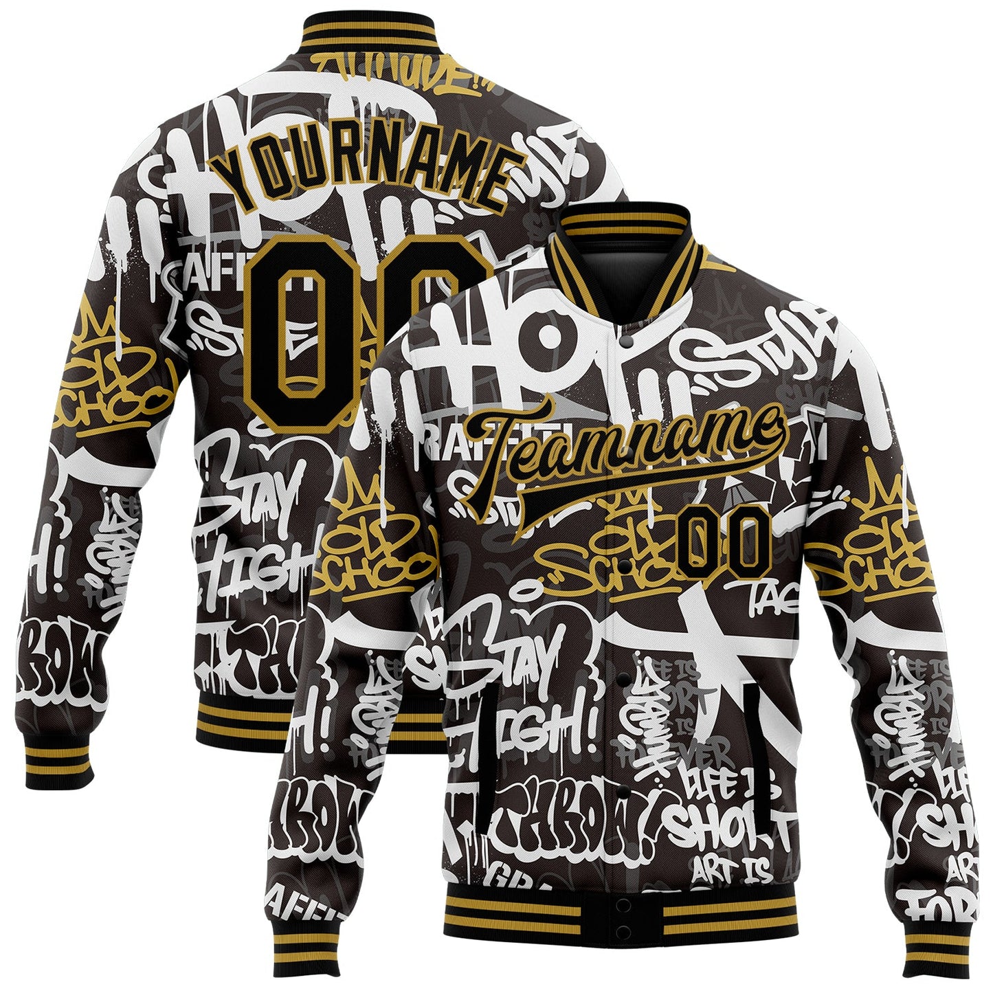 Custom Graffiti Pattern Black-Old Gold Grunge Urban Street And Old School Art 3D Bomber Full-Snap Varsity Letterman Jacket - Main View