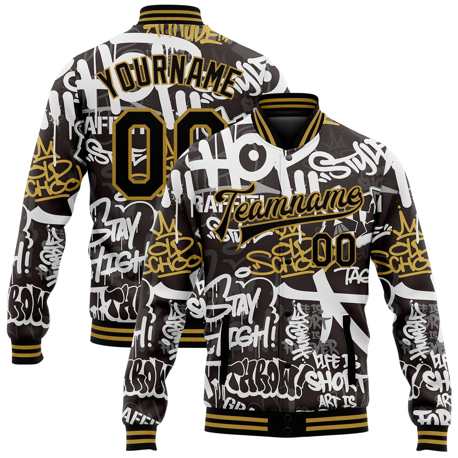 Custom Graffiti Pattern Black-Old Gold Grunge Urban Street And Old School Art 3D Bomber Full-Snap Varsity Letterman Jacket - Main View