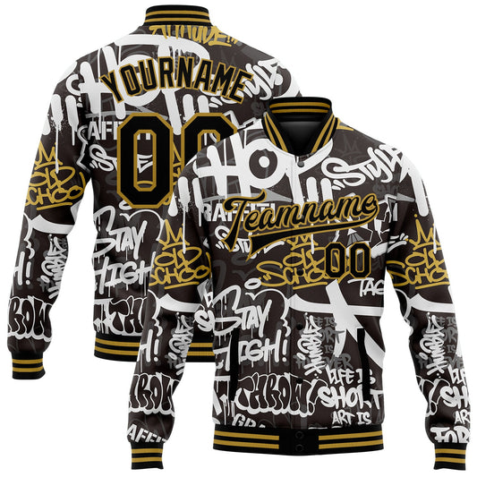 Custom Graffiti Pattern Black-Old Gold Grunge Urban Street And Old School Art 3D Bomber Full-Snap Varsity Letterman Jacket - Main View